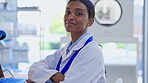 Face, medical and woman with research, science and laboratory with success, breakthrough and smile. Portrait, female employee and researcher in lab, skills and scientist with cure, diagnosis and care