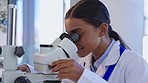 Science, discovery and female scientist with a microscope in a lab for healthcare innovation. Biotechnology, research and Indian woman scientific researcher working on a project in medical laboratory