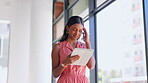 Stress, headache and woman with tablet in business, anxiety and pain problem. Frustrated, tired and burnout female working on digital technology with fatigue, sick risk and eye strain issue in office