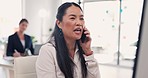 Employee, phone call and Asian woman with conversation, schedule for new project, ideas and planning in workplace. Japanese female, employee or consultant with cellphone or communication in workplace