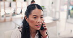 Business, phone call and Asian woman planning, conversation and communication in workplace. Japanese female employee, consultant and agent with smartphone, share ideas and deadline for new project