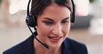 Woman, call center and face with headphones consulting on computer in customer service or support at office. Happy female business consultant or agent talking on headset mic for online advice or help