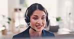 Business woman, call center and face in consulting with headphones on computer for customer service or support. Happy female consultant agent talking with headset mic on PC for online advice or help