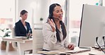 Asian woman, call center and video call on computer for meeting, webinar or customer service at office. Happy female consultant or agent talking on headphones in virtual conference for online advice