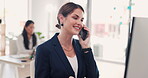 Talking, office and a happy woman on a phone call for business, networking and communication. Smile, conversation and a corporate employee speaking on a mobile for discussion, company and work