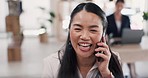 Business, phone call and Asian woman with smile, planning and schedule for new project, startup and consulting. Japanese female employee, entrepreneur and manager with smartphone, connection and talk