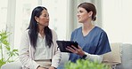 Tablet, consultation or nurse explaining to woman medical report results or news about rehabilitation. Consulting, digital or mature Asian patient talking or speaking to a doctor for helping advice