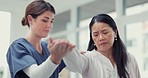 Physiotherapist, doctor and Asian woman stretch arms, wellness and fitness for healthcare. Physical therapy, medical professional and female patient stretching, trust and consultation for support