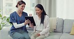 Tablet, video call or nurse consulting woman medical report results or news about rehabilitation. Consultation, digital or mature Asian patient talking or speaking to a doctor for helping advice
