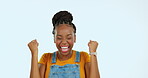 Face, countdown or dancing woman celebrate achievement, success goal or prize winning. Portrait, studio winner or African person celebration for wow news, announcement or victory on pastel background