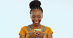 Phone, laugh and happy black woman reading joke, meme or search comic on internet, website or online social media. Comedy blog, app typing and studio person contact funny user on pastel background