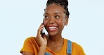 Answer phone call, face and happy black woman networking, chat or talking to funny smartphone contact. Studio discussion, mobile conversation and African gen z female speaking on pastel background