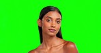 Skincare, face and woman in a studio with green screen with beauty, natural and healthy routine. Wellness, cosmetic and portrait of Indian female model with facial treatment by chroma key background.