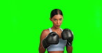 Green screen, face and boxing woman punching in fitness, exercise or training for competition, challenge and fight. Portrait, boxer and sports athlete in hitting workout on isolated mockup background
