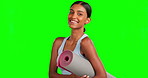 Green screen, face or woman with yoga mat in relax fitness, workout or training and meditation, exercise or zen class. Smile, happy or person portrait in pilates health or wellness on isolated mockup