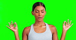 Green screen, meditation and breathing woman in relax activity, class or health wellness for mindfulness, spirituality or peace. Hands, yogi and person in yoga breathe balance on isolated zen mockup
