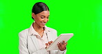 Happy business woman, tablet or green screen on financial banking app, investment research or saving growth report. Smile, wow or corporate person on technology, isolated mockup or finance background