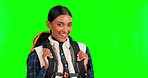Travel, green screen and woman face with smile in a studio with happiness and mockup. Isolated, female and vacation gear of a model on a holiday and eco camping backpack and camper experience