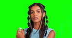 Attitude, green screen and woman playing with hair and with elegant fashion for fashion isolated in a studio background. Rebel, edgy and portrait of a young Indian female feeling moody and confident