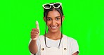 Happy thumbs up, green screen face and woman with yes emoji gesture for congratulations, job well done or agreement. Winner portrait, success satisfaction and chroma key female on studio background