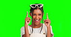 Green screen woman, excited face and pointing up at commercial promotion, advertising space or marketing mock up. Mockup portrait, product placement and female chroma key model on studio background