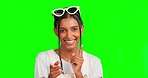 Finger guns, excited and face of Indian woman on green screen for encouragement, motivation and happy. Pointing mockup, emoji and portrait of girl in studio with fashion, style and comic hand gesture