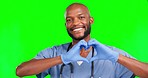 Heart sign, happy surgeon and black man with love gesture for healthcare, hospital support or medical help. Green screen emoji symbol, clinic nurse portrait and chroma key doctor on studio background