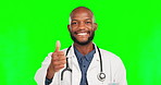 Thumbs up, doctor smile and black man satisfaction for healthy medical results, healthcare congratulations and well done. Green screen portrait, nurse or male chroma key surgeon on studio background