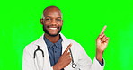Doctor, face and happy black man point at medical promo, healthcare copy space or clinic health care mockup. Green screen portrait, hospital medicine and male chroma key surgeon on studio background