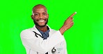 Doctor smile, face and black man point at medical promo, healthcare copy space or clinic health care mockup. Green screen portrait, hospital medicine and male chroma key surgeon on studio background