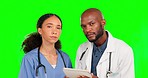 Doctor face, tablet and team collaboration on medical study, healthcare nurse examination or development teamwork. Green screen portrait, hospital research and chroma key surgeon on studio background