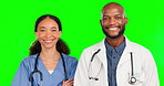 Medical, teamwork and nurse with doctor in green screen studio for healthcare, support and  pride. Medicine, happy and smile with portrait of black man and woman on background for wellness and clinic