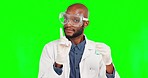 Man, bad medicine or scientist finger shake for healthcare mistake, lab research error or smell wrong medical cure. Green screen laboratory, vaccine no gesture or chroma key male on studio background