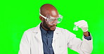 Science black man, chemical or scientist happy for healthcare innovation, lab test or medical development. Green screen beaker liquid, vaccine success portrait or chroma key male on studio background