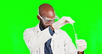 Science, test tube and and sample with black man in green screen studio for medical, research and dna analysis. Vaccine, healthcare and experiment with male on background for idea, medicine and cure