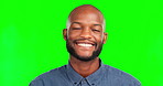 Happy, smile and face of black man in green screen studio for natural, confident and positive. Happiness, carefree and pride with portrait of male isolated on background for cheerful, smiling and joy
