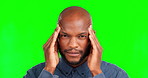 Headache, massage and stress with black man in green screen studio for frustrated, burnout and mental health. Migraine, pain and difficulty with male on background for dizzy, temples and panic
