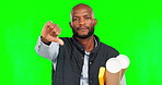 Black man, architect and thumbs down on green screen for bad construction or fail against studio background. Portrait of negative African American male contractor showing thumb emoji or no on mockup