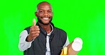 Black man, architect and thumbs up with smile on green screen, blueprint and construction with ok on studio background. Mockup, architecture and portrait with happy male contractor and agreement