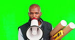 Face, megaphone and black man engineer on green screen in studio isolated on a background. Portrait, loudspeaker and architect or contractor with blueprints, shouting and talking for announcement.