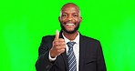 Thumbs up, business face and happy black man with yes emoji gesture for congratulations, job well done or winner. Green screen portrait, success satisfaction and chroma key male on studio background