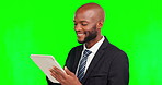 Black man, tablet and smile in business on green screen for marketing or communication against studio background. Happy African American businessman smiling on touchscreen for social media on mockup