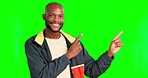 Green screen face, studio and happy man pointing at commercial promotion, advertising copy space or mock up. Marketing portrait, product placement and African chroma key male on mockup background