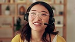 Call center portrait, remote work or face of friendly woman in communication, speaking or talking to help. Customer services, Asian or happy sales agent girl with microphone at crm technical support