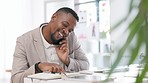 Black man, business call and paperwork check in a office with a happy employee. Phone networking, smile and working web analyst checking work agenda, schedule and productivity document at desk