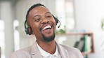 Black man, telemarketing call and happy crm talk in a office with a tech support employee. Phone networking, smile and call center worker working on a web help consultation laughing from consulting