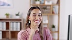 Business woman, face and smile on computer for planning, design or networking in remote work at home office. Portrait of happy female freelancer smiling for career success or online research on PC