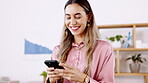 Happy, social media and a woman with a phone for work, communication and reading notification. Smile, internet and an employee typing on a mobile for a chat, conversation and connection in an office