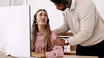 Call center, sad woman and manager helping in office with customer service, praying and comfort. Telemarketing, crm and person with man, sales agent or unhappy consultant with problem or mistake.