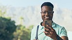 Hello, video call and black man in a city walking, talking and happy while discussing negotiation. Smartphone, conversation and African businessman networking on commute, happy and positive in London